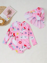 1pc Young Girls Cartoon Horse Printed One-Piece Swimsuit